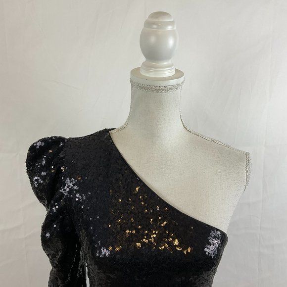Lovers & Friends One-Shoulder Top M Black Sequins Long Sleeve New NWT - Picture 2 of 12